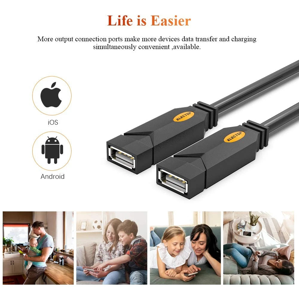 2X USB Splitter for Dual Female Y Charging Hub