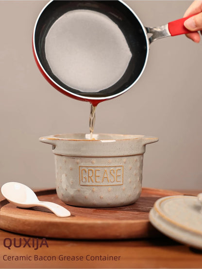 Ceramic Bacon Grease Container with Strainer for Kitchen (Small, Vintage Grey)