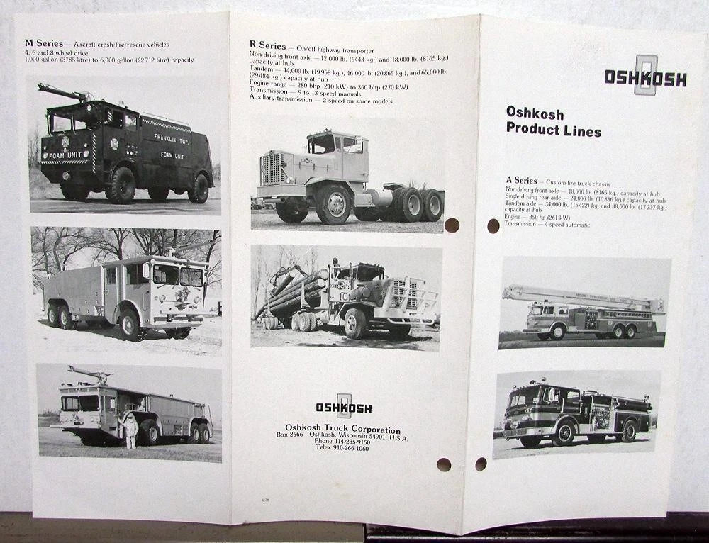 Oshkosh Trucks Pocket Sales Brochure for A B F J L P V M R Series (1978)