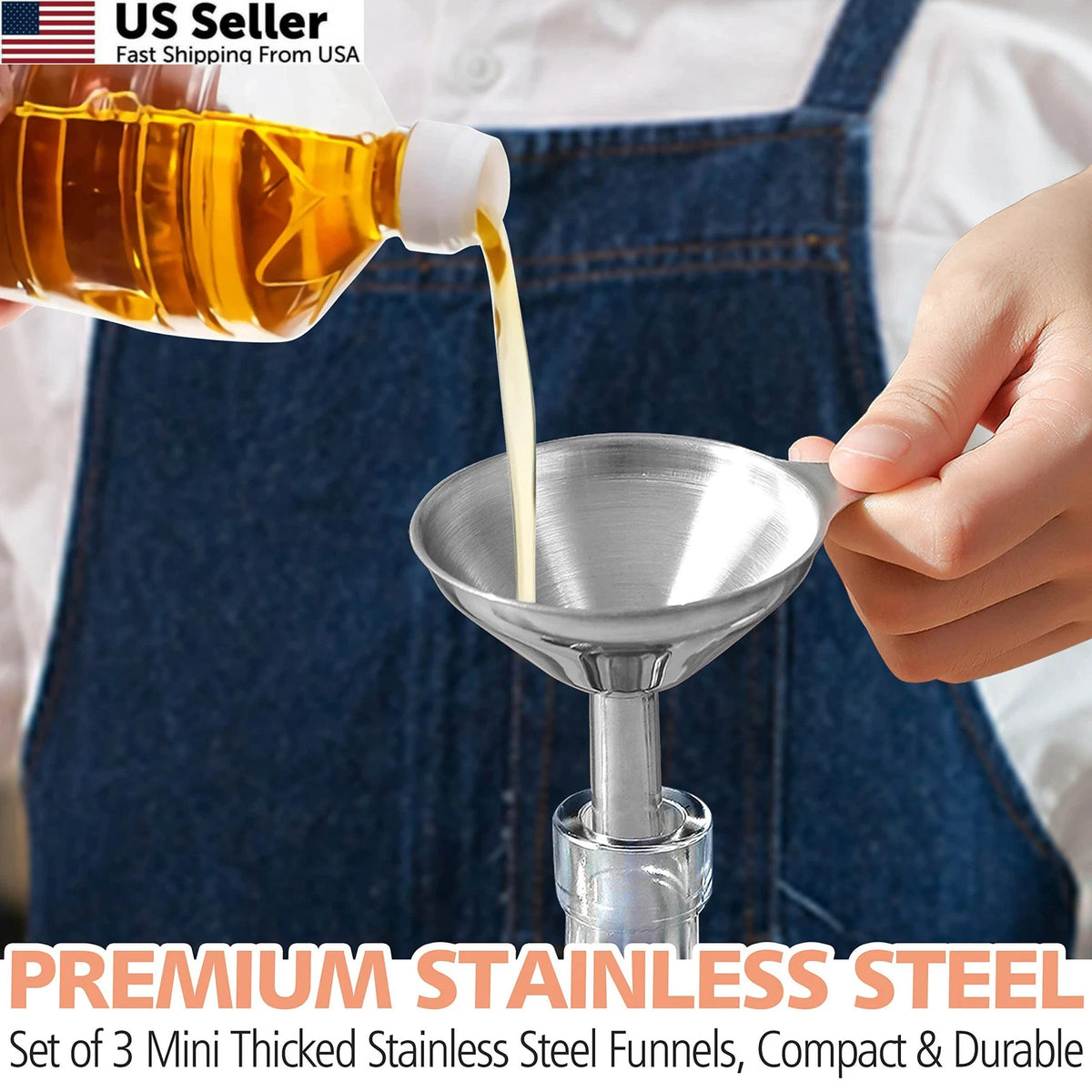 3X Stainless Steel Mini Kitchen Funnel Set for