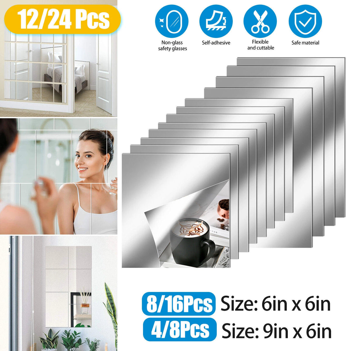 24X Mirror Reflective Wall Sticker Self Adhesive Tile Film Home Decor