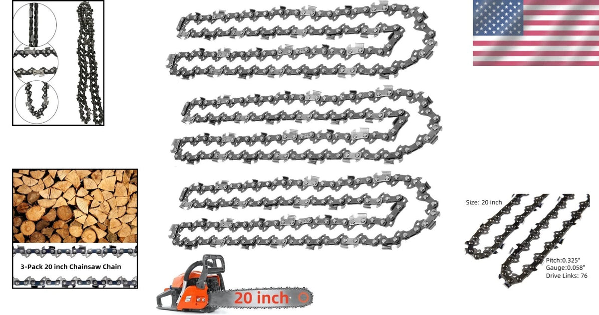 3X 20 Inch Replacement Chainsaw Chain, 0.325" Pitch, Durable