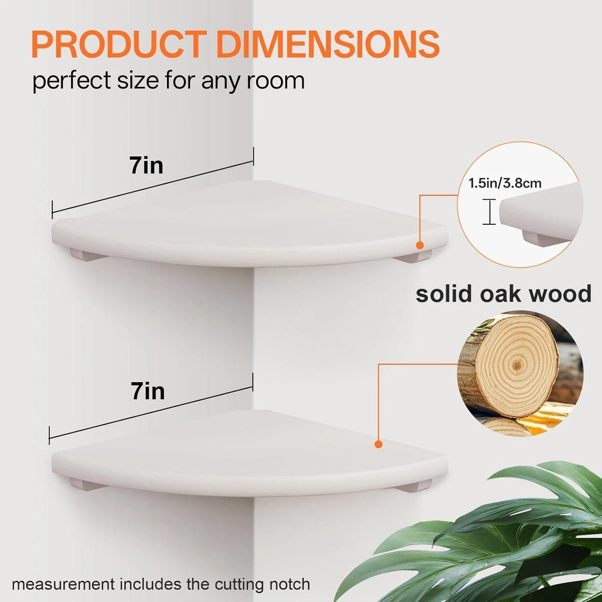 Set of 2 Modern 7in Floating Corner Shelves - Solid Oak, Cable Management