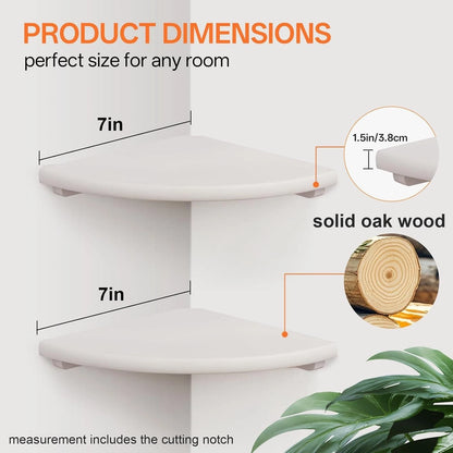 Set of 2 Modern 7in Floating Corner Shelves - Solid Oak, Cable Management