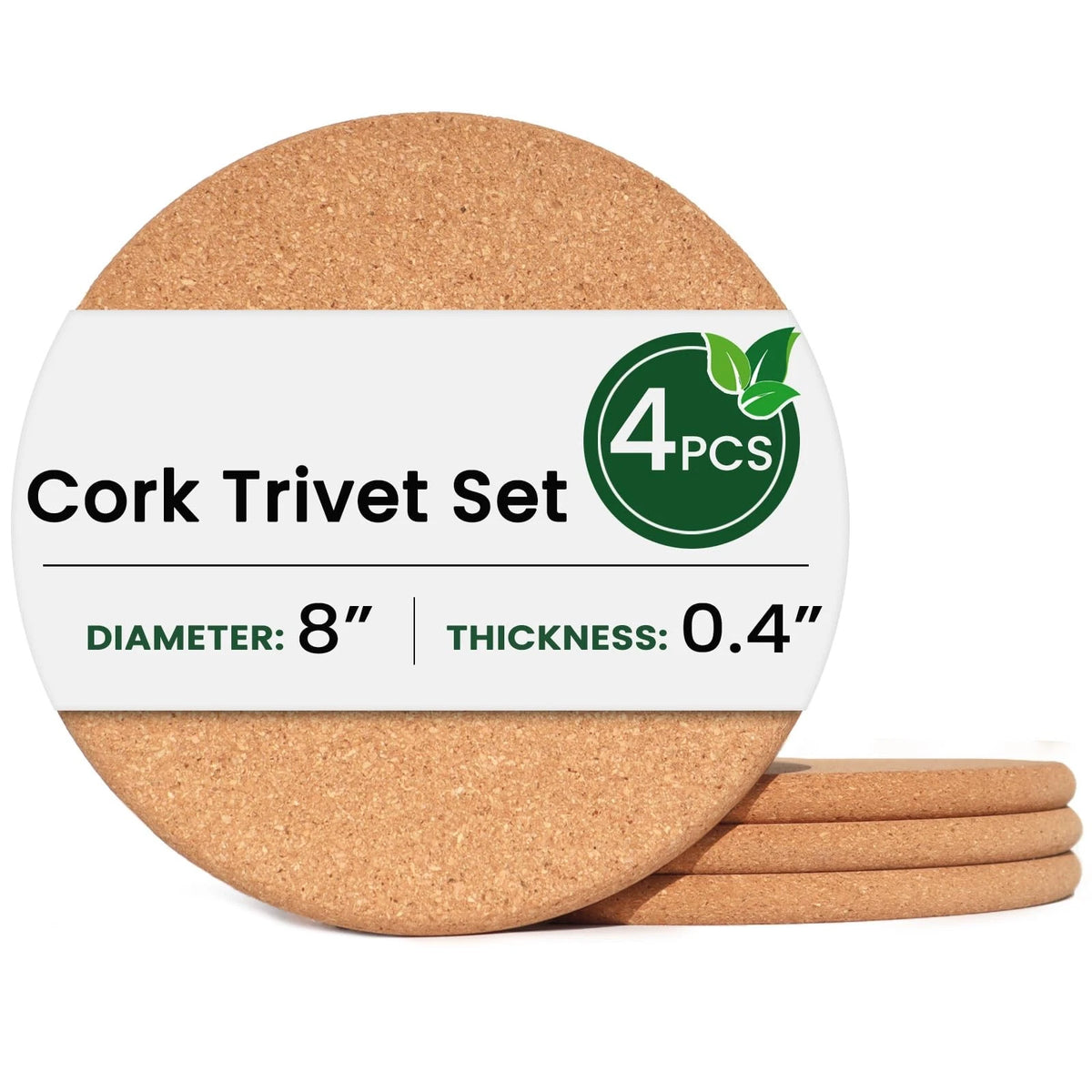 Set of 4 Cork Trivets for Kitchen Use (8 Inch Round)
