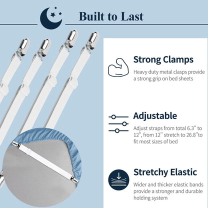 Set of 4 Adjustable Elastic Bed Sheet Straps for Fitted Sheets
