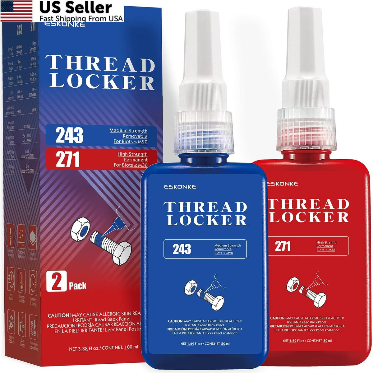 2 Pack Thread Locker Blue 243 & Red 271 for Automotive Use