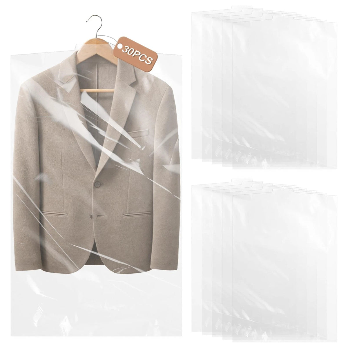 30 Pack Garment Bags for Hanging Clothes - Clear