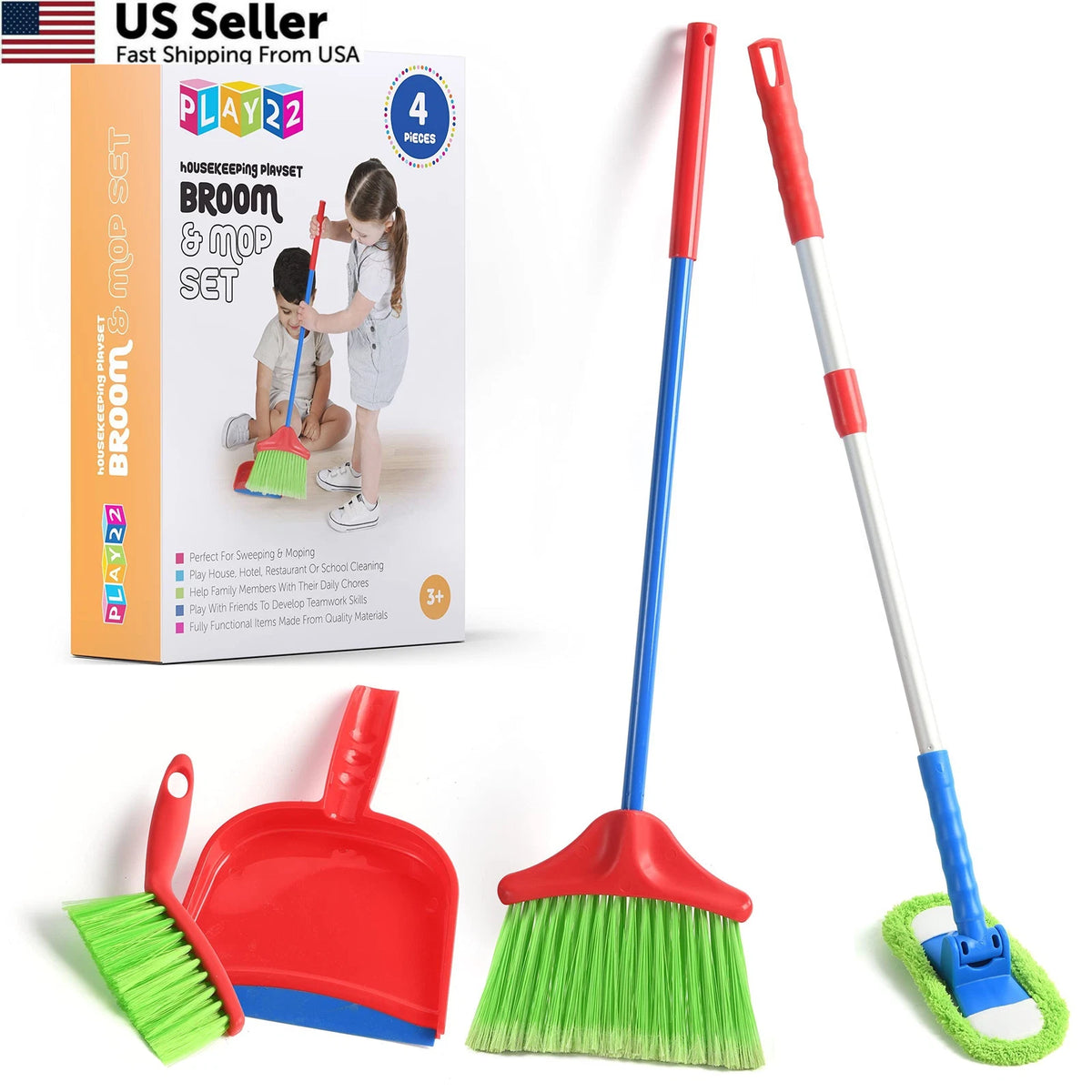 4 Piece Kids Cleaning Set for Toy Play22 (Child-Size, Red, Green)