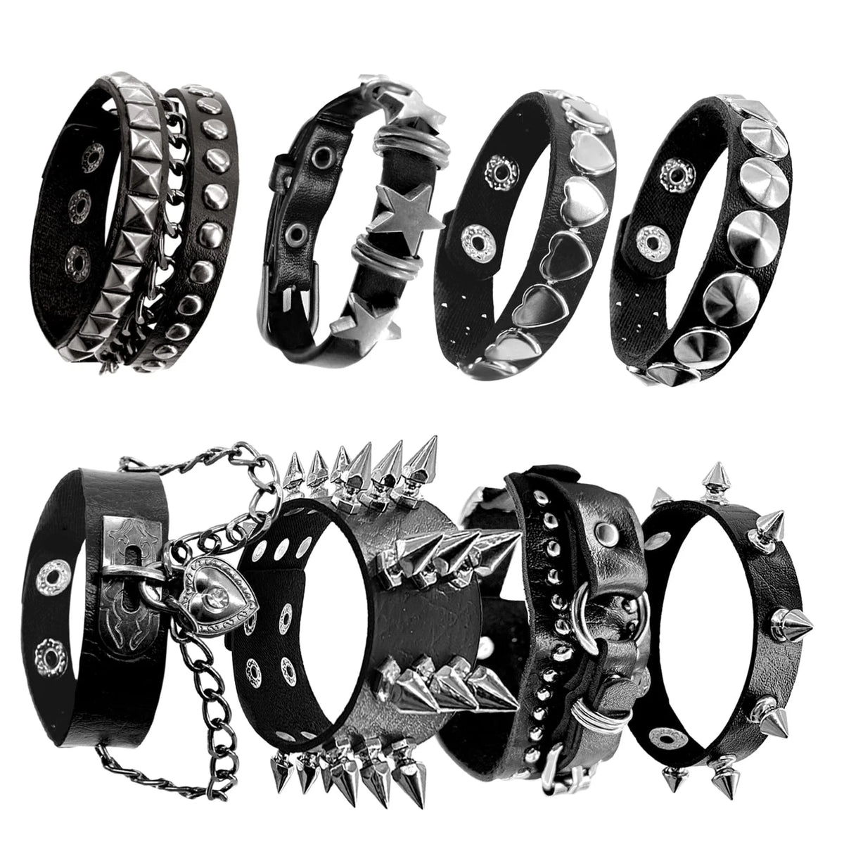 8 Pack Studded Punk Bracelets Faux Leather Spike Wristbands Emo Rock Style