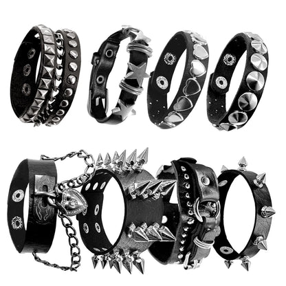 8 Pack Studded Punk Bracelets Faux Leather Spike Wristbands Emo Rock Style