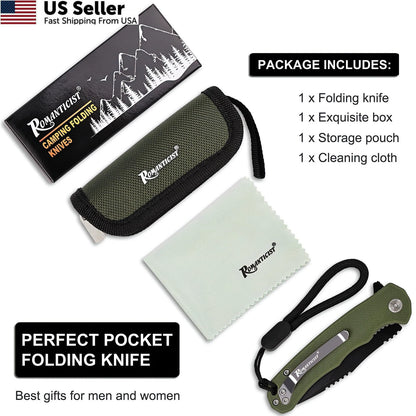 Folding Pocket Knife with 3.15" D2 Steel Blade & Non-Slip G10 Green