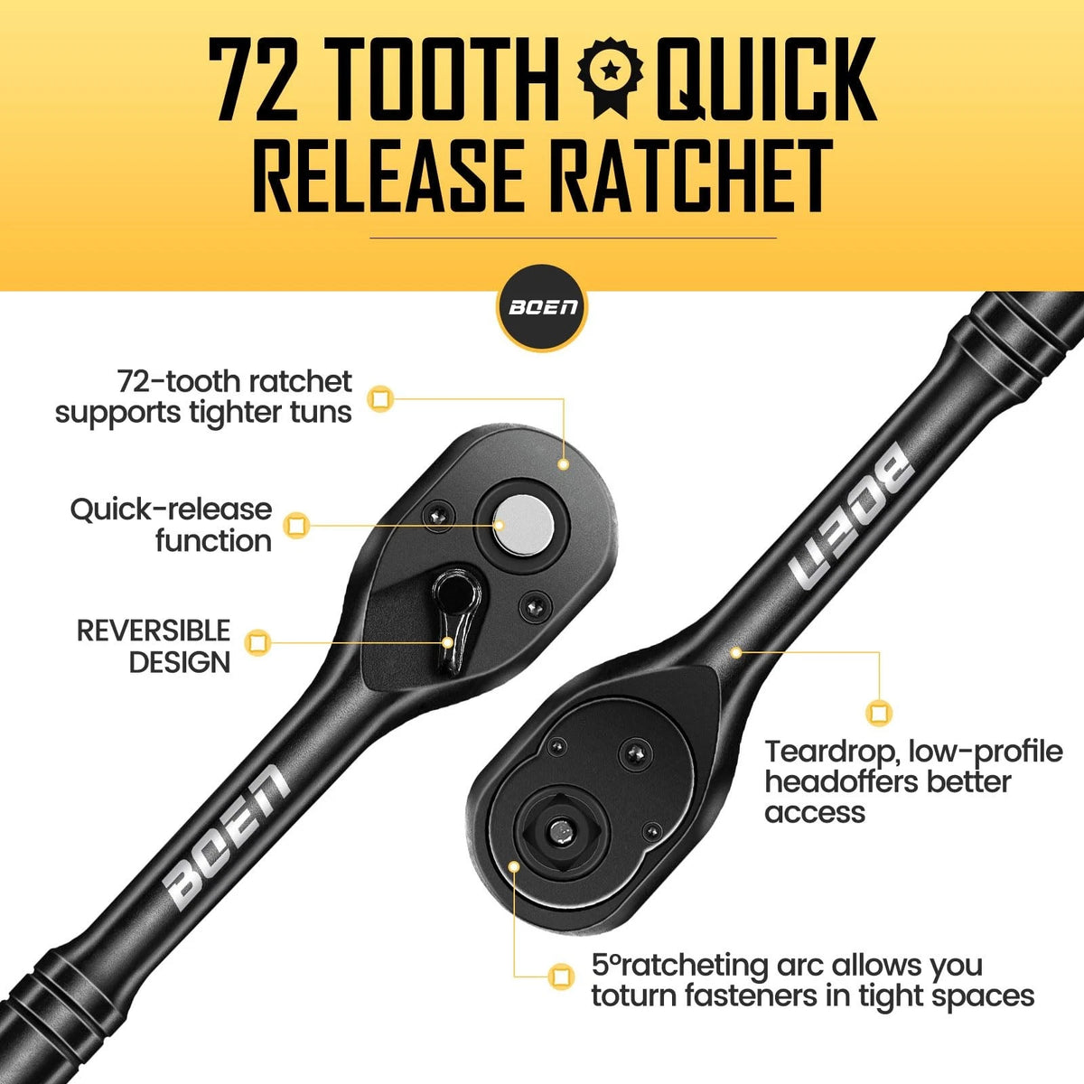 3/8 Inch Drive Ratchet for Universal Use (72-Tooth, Quick-Release, 5-Degree Swing)