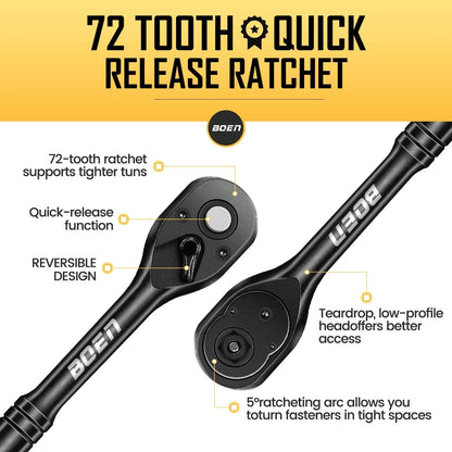 3/8 Inch Drive Ratchet for Universal Use (72-Tooth, Quick-Release, 5-Degree Swing)