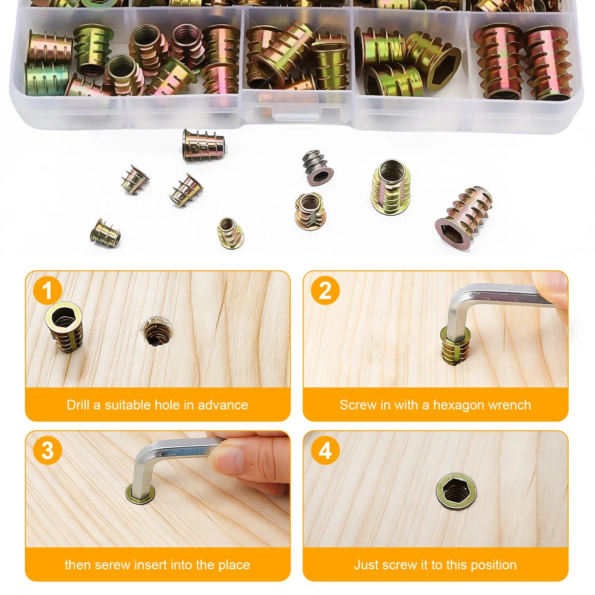 230 PCS Hex Socket Threaded Insert Nuts Kit M4-M10 for Wood Furniture DIY
