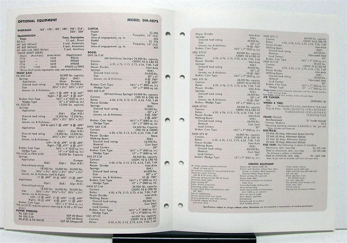 Mack Truck Model DM 487S Specification Sheet (1974)
