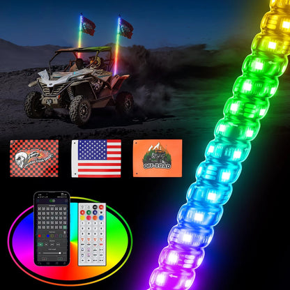 3FT LED Whip Lights for UTV ATV (Remote Control, Chasing Antenna Flags)