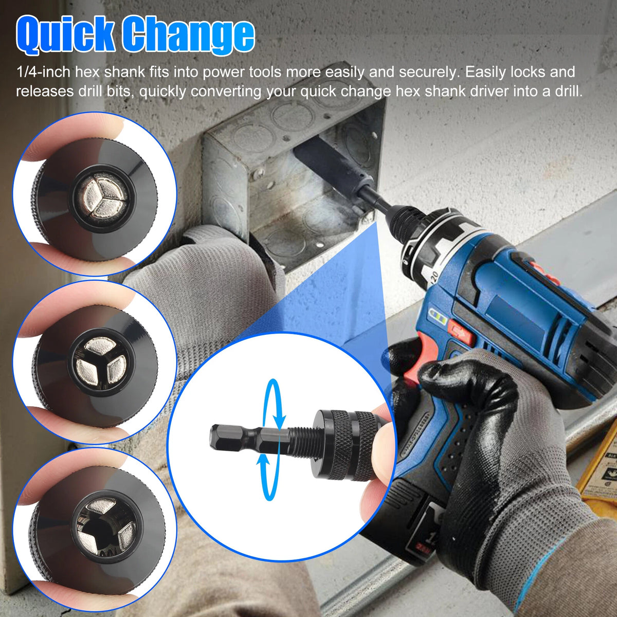 4X 1/4" Hex Shank Keyless Drill Chuck Conversion Adapter Bit Quick Change