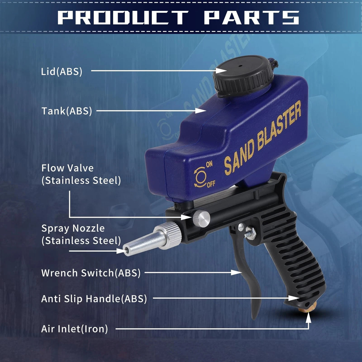 Gravity Feed Sand Blaster Gun for Metal, Wood (Blue)