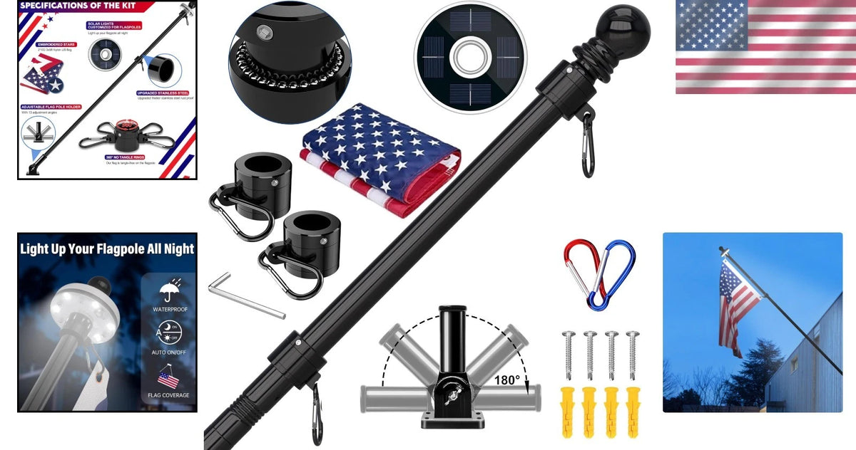 5FT Complete Flag Pole Kit with Solar Light & American Flag