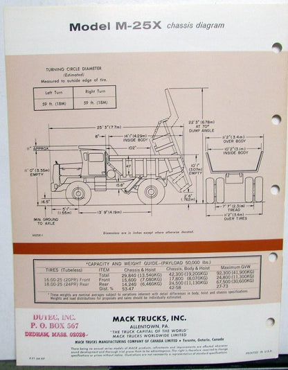 Specification Sheet for 1972 Mack Truck Model M 25X