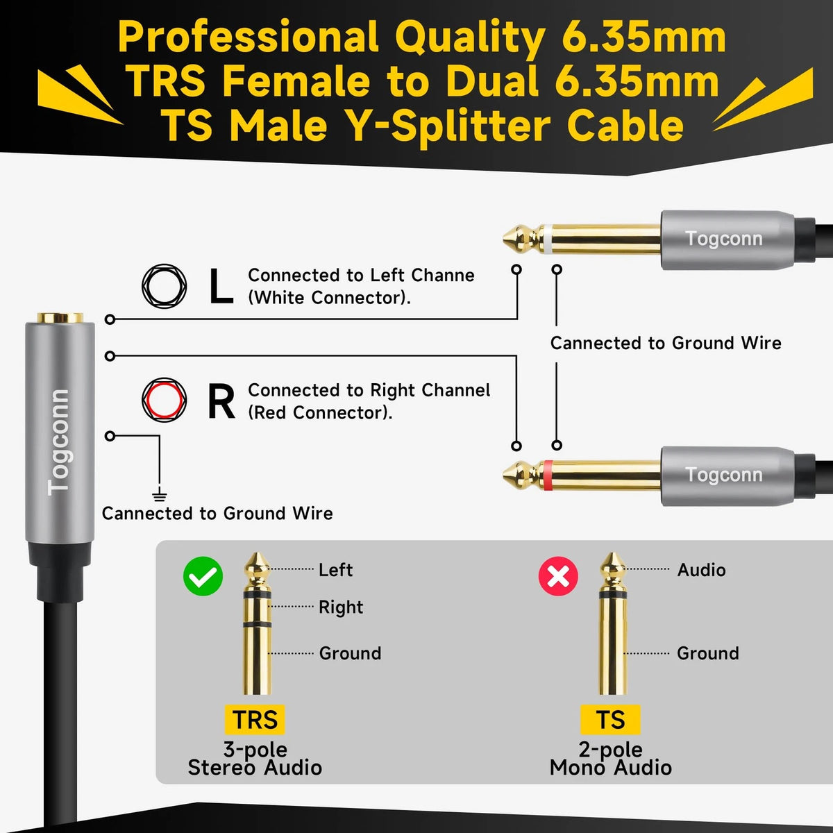 1/4 inch TRS Stereo Splitter Y Adapter for