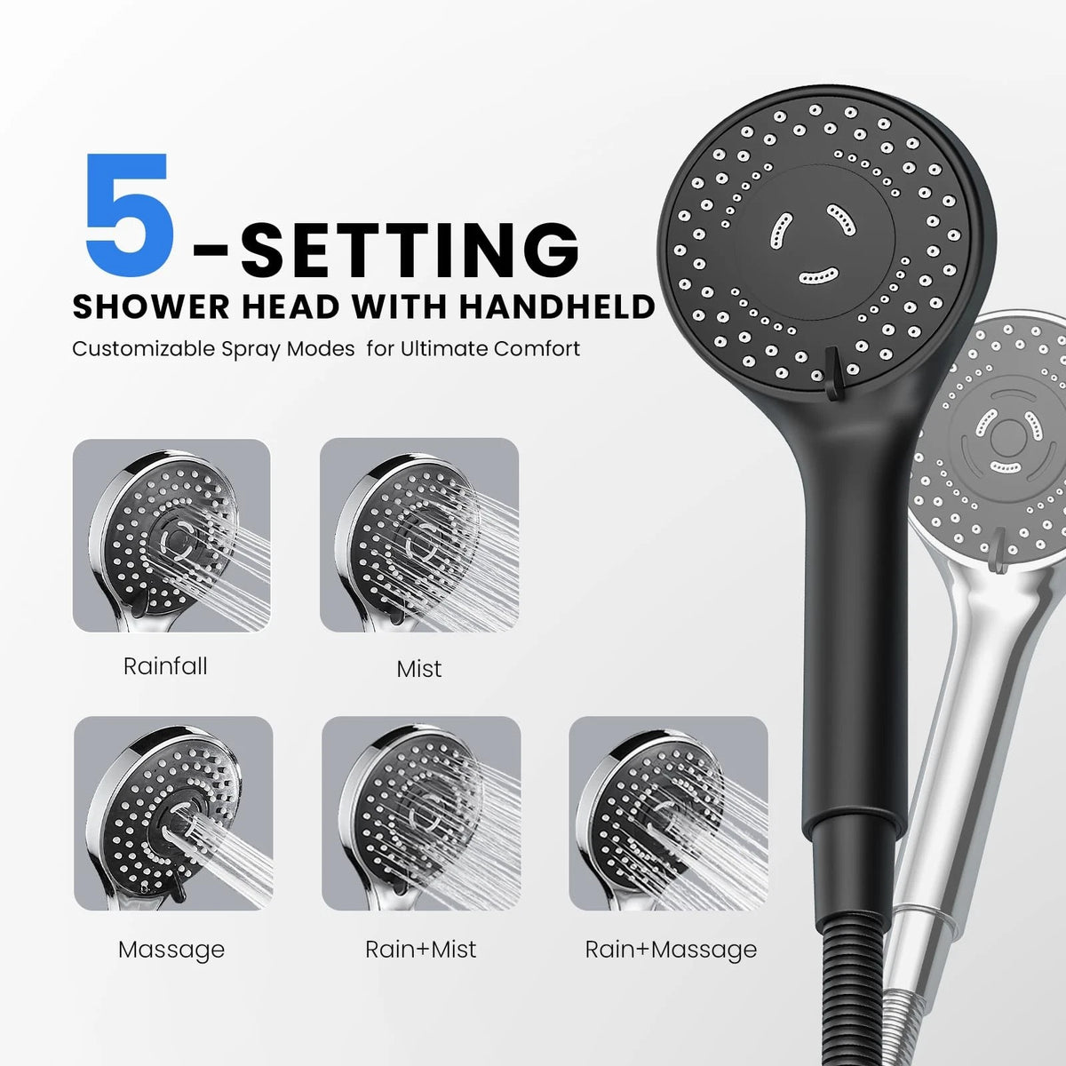 Wide Rain Shower Head for Seacity (2015–2023) - 5 Modes, Matte Black