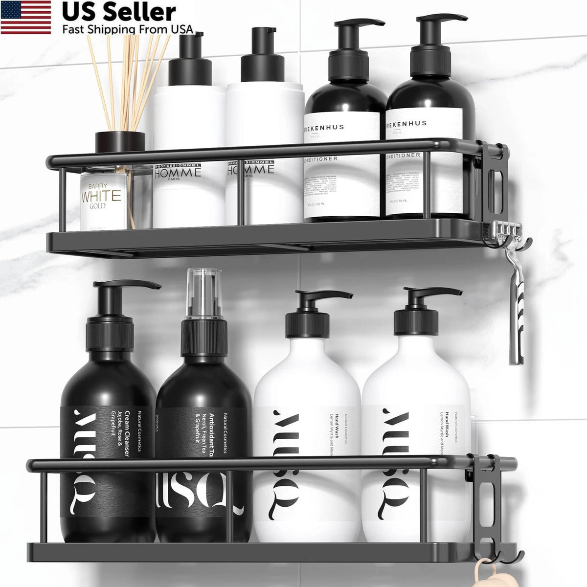 2X Shower Caddy Adhesive Shelves for Rustproof Storage (Black)