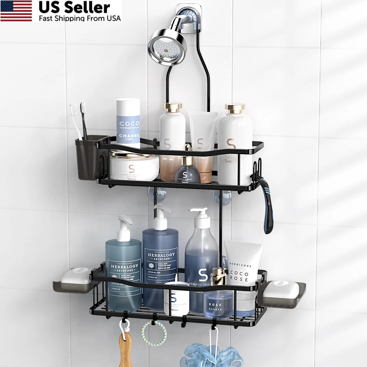 Hanging Shower Caddy Organizer for Bathroom - Rustproof Shelf, Black