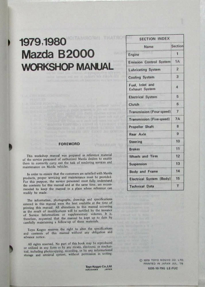 Service Shop Repair Manual for Mazda B2000 Pickup Truck (1979–1980)