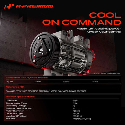 A/C Compressor with Clutch for Hyundai Elantra (2007–2012) 977012H100, CO10947C