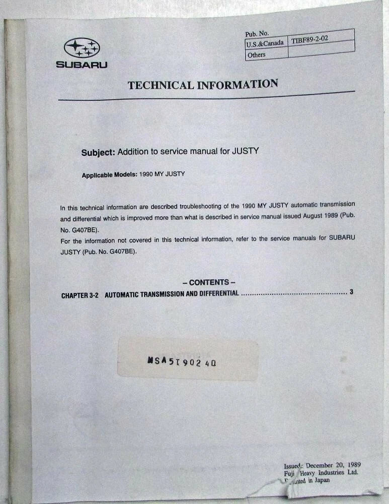 Technical Information Bulletin for Subaru Justy (1990)