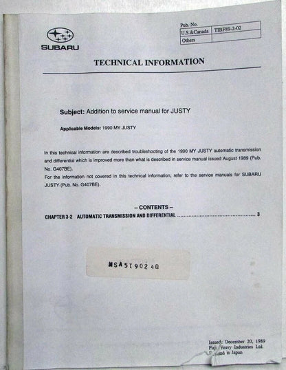 Technical Information Bulletin for Subaru Justy (1990)