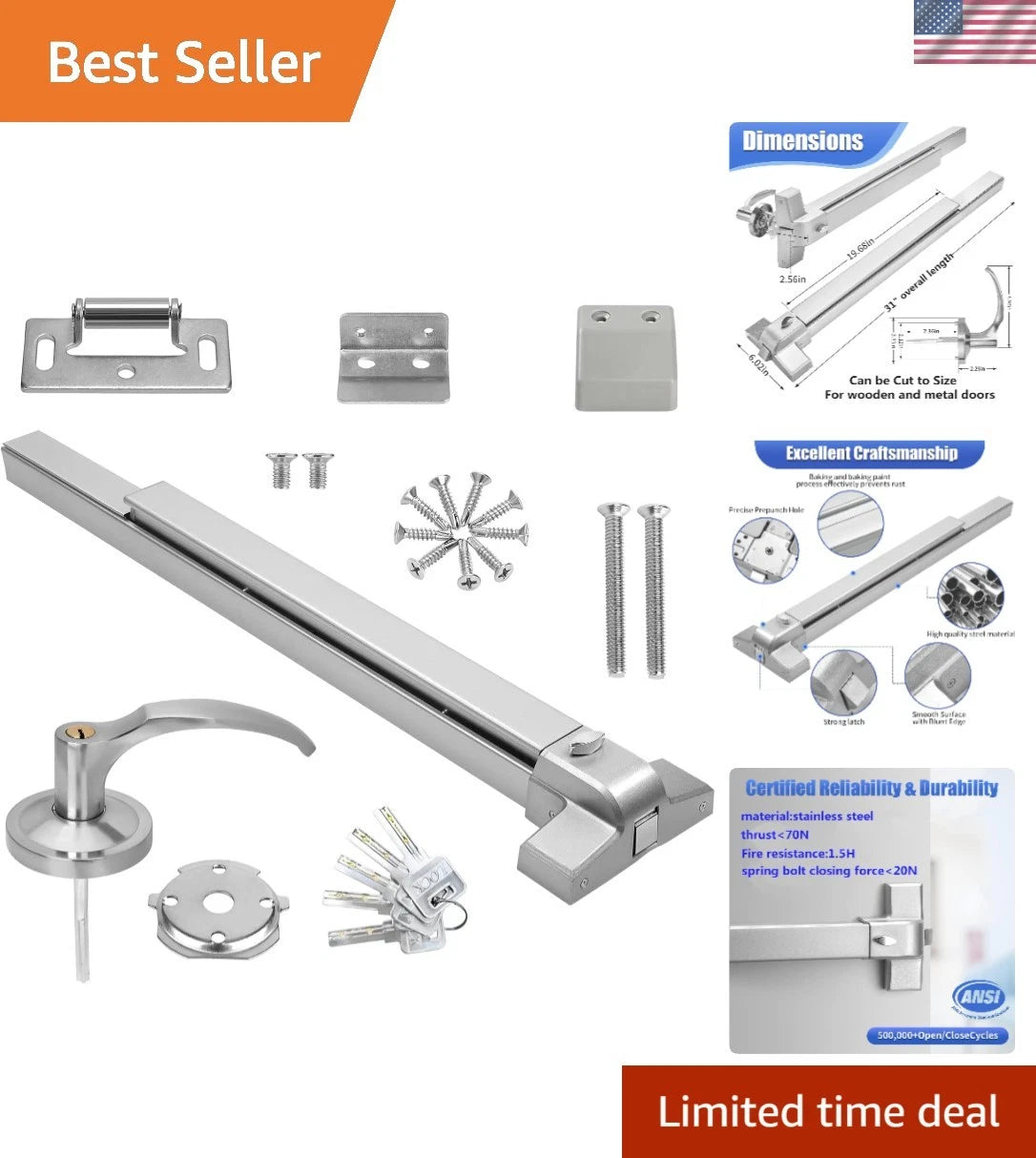 Fast Install Panic Exit Device for Various Applications (31.5” Stainless Steel)