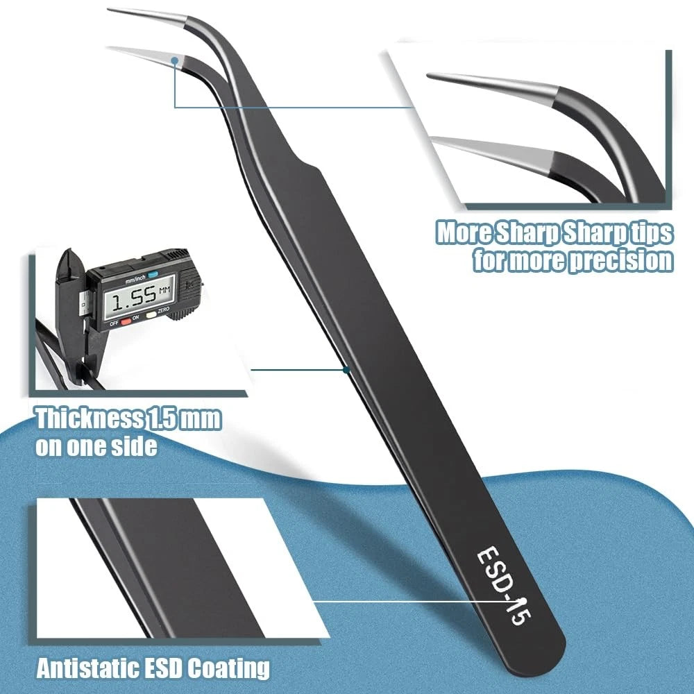 6 Pcs Precision Anti-Static ESD Curved Tweezers Set for Electronics