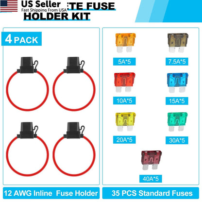 4 Pack Inline Fuse Holder for Universal Use (Waterproof, 12AWG)