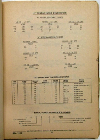 Chassis Body Parts Book for Pontiac Firebird Trans Am LeMans Ventura (1976–1977)