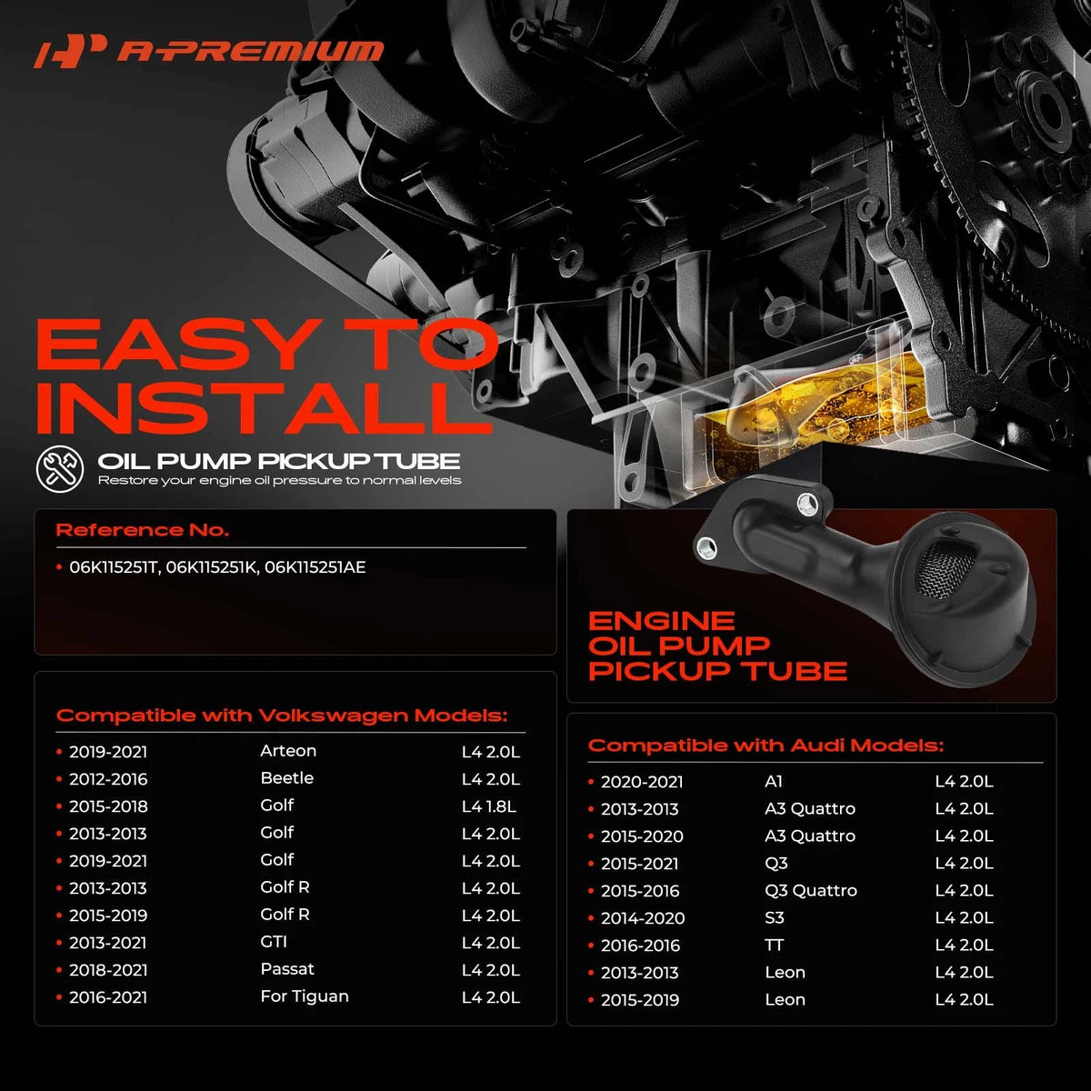 Engine Oil Pump Pickup Tube for VW Passat Golf Tiguan Beetle (2018–2021) 06K115251T 06K115251K 06K115251AE
