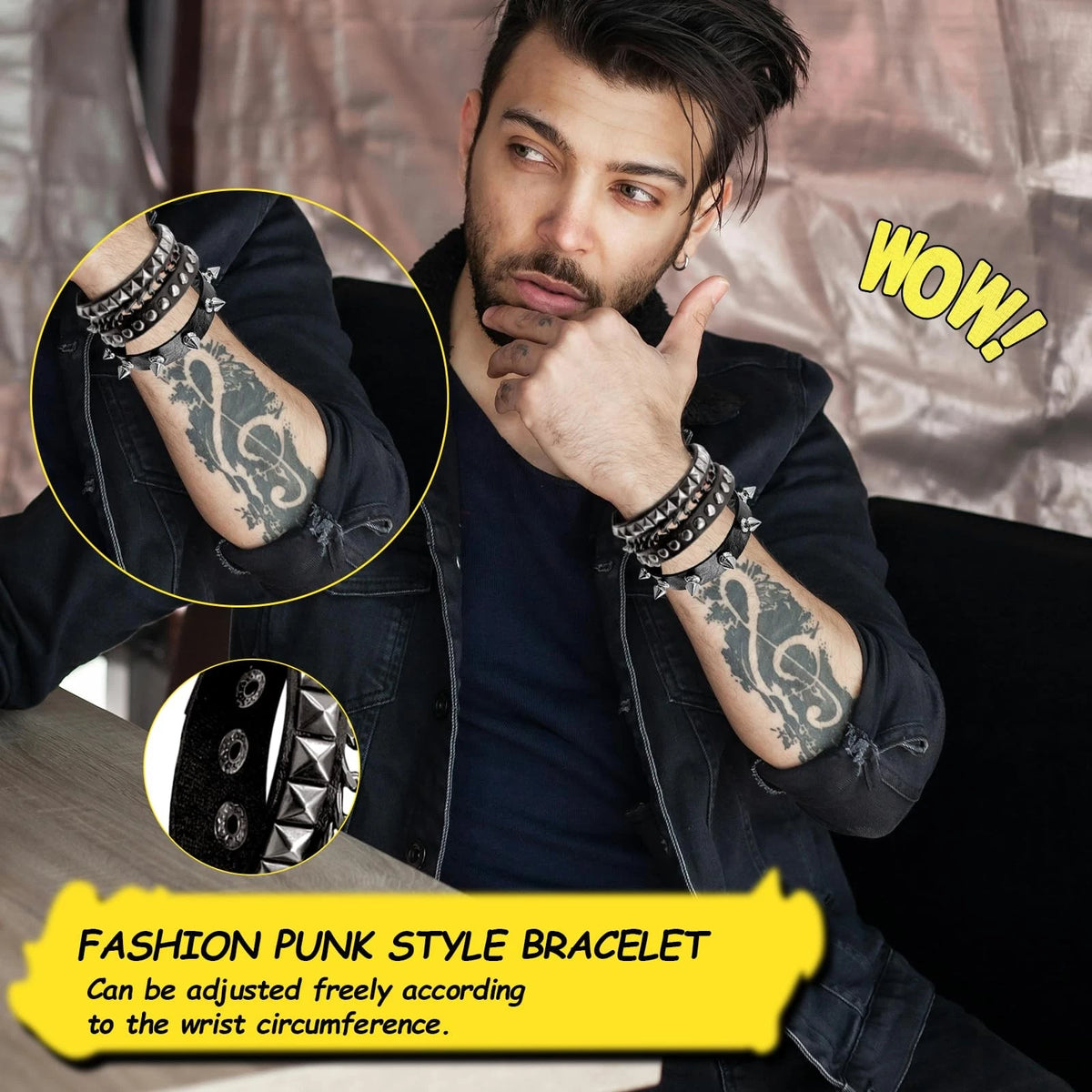 8 Pack Studded Punk Bracelets Faux Leather Spike Wristbands Emo Rock Style