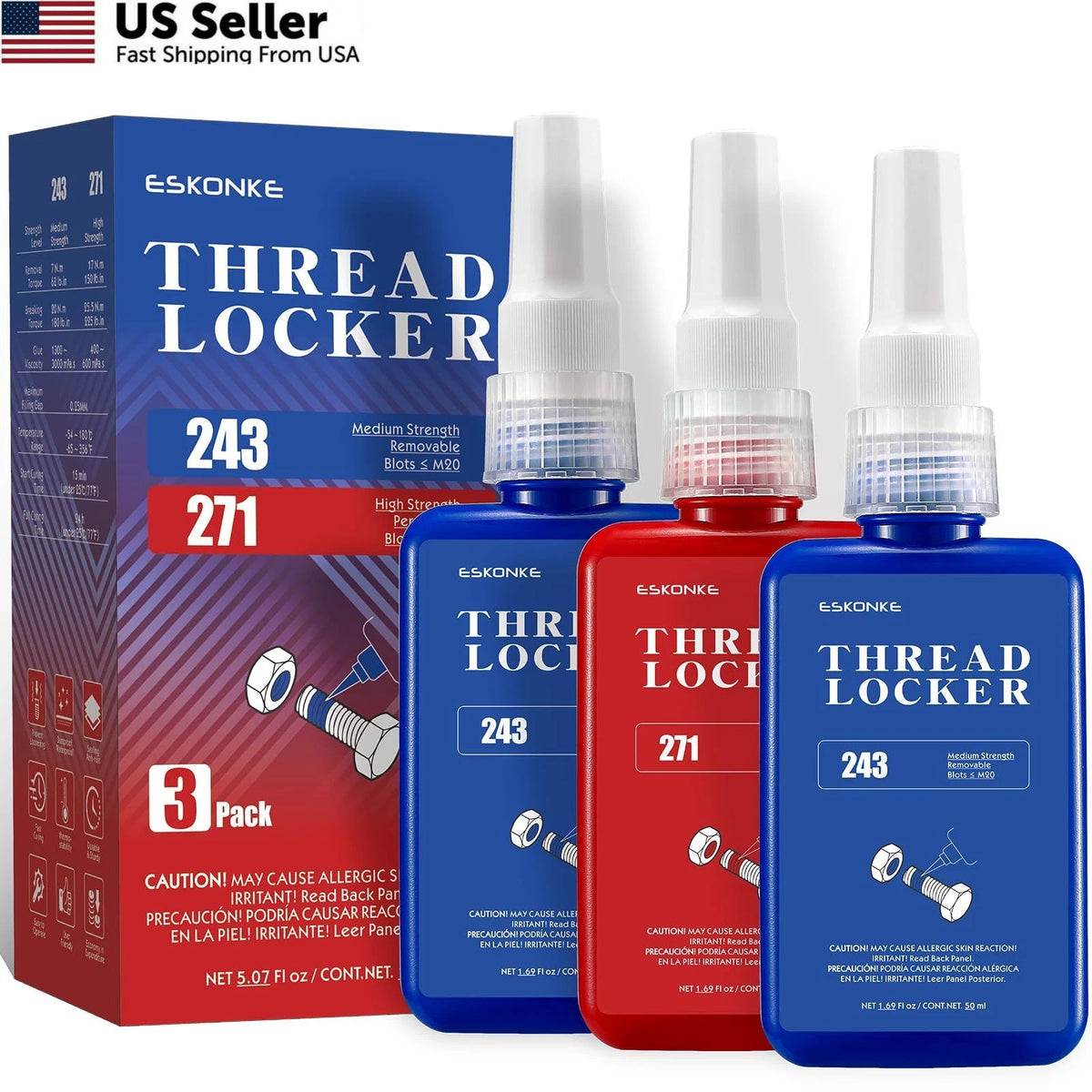 3 Pack Thread Locker Blue 243 & Red 271 for Automotive Applications