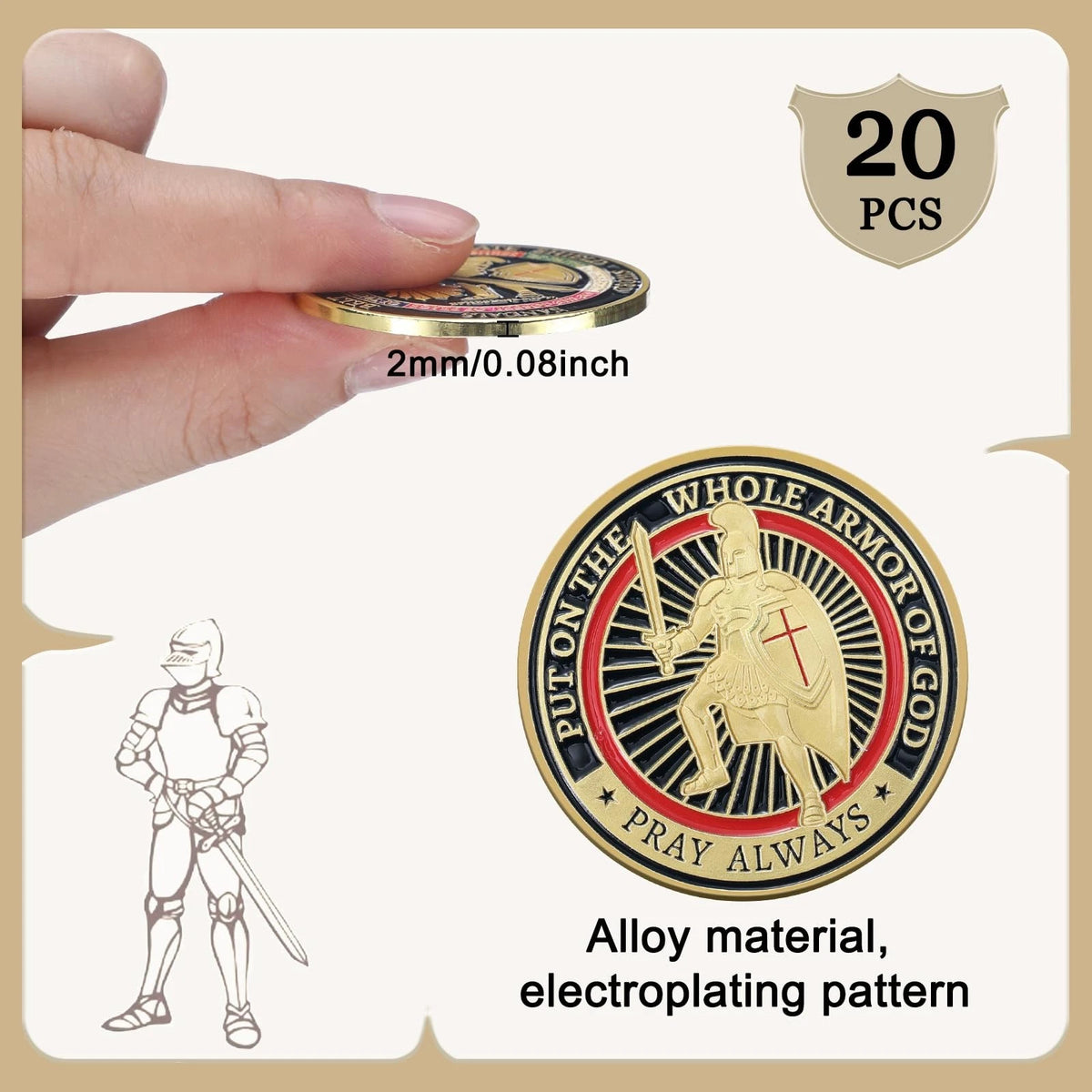 20 Pcs Armor of God Coins Metal Christian Challenge