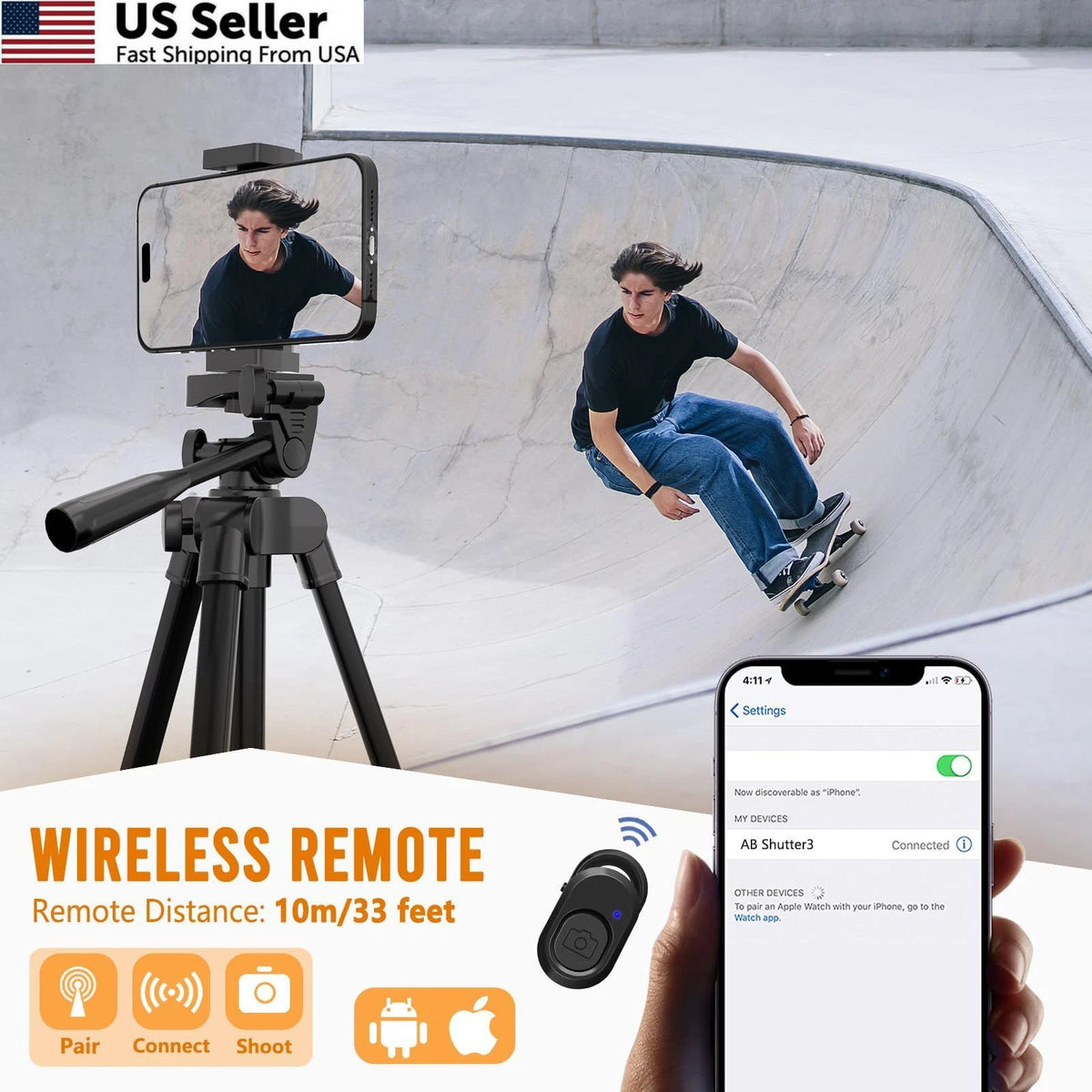 53'' Phone & Camera Mount Tripod Stand with Remote for Universal Use