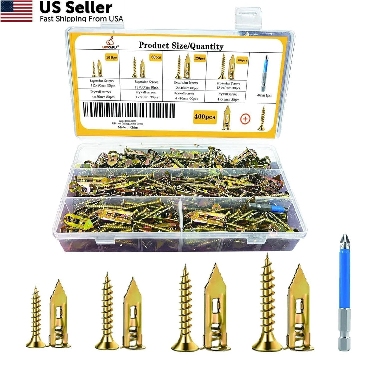 400pcs Self-Drywall Anchors Screws Set of 4 Standard UNC Sizes