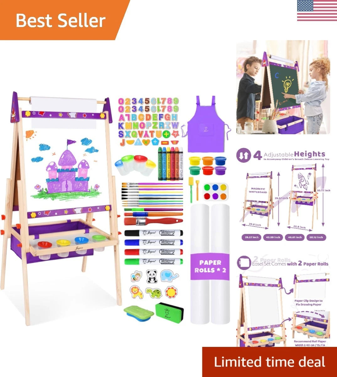 Adjustable Art Easel for Kids 2-12: Double-Sided Magnetic Board