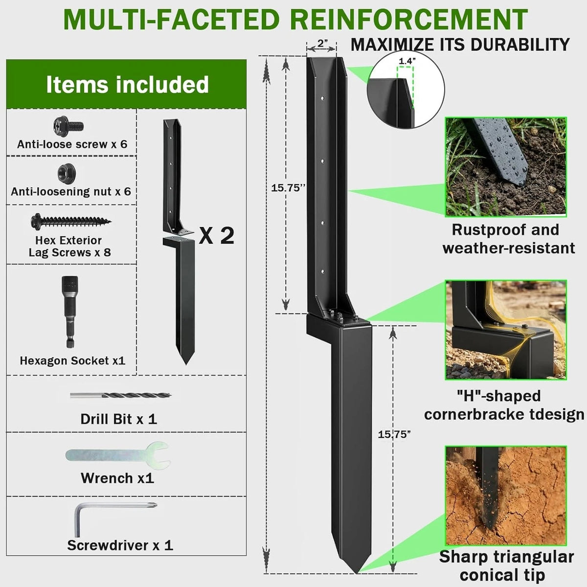 2-Pack Heavy Duty Steel Fence Post Repair Kit for 4x4/6x6 Posts