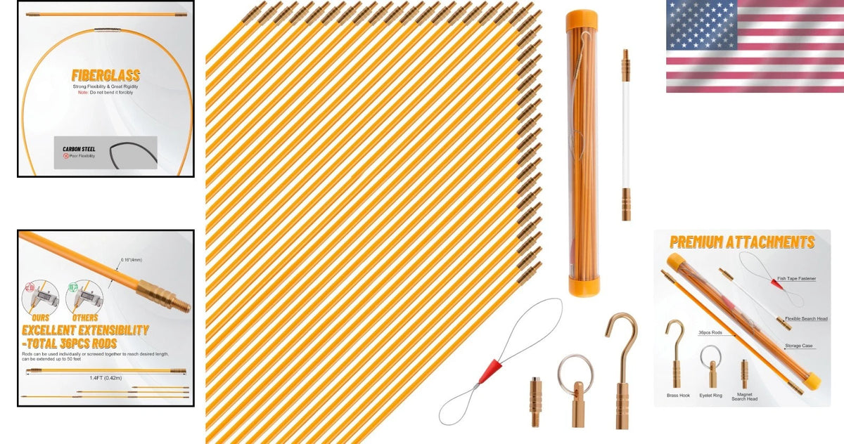 50FT Fiberglass Fish Tape Wire Puller Kit with Multiple Attachments