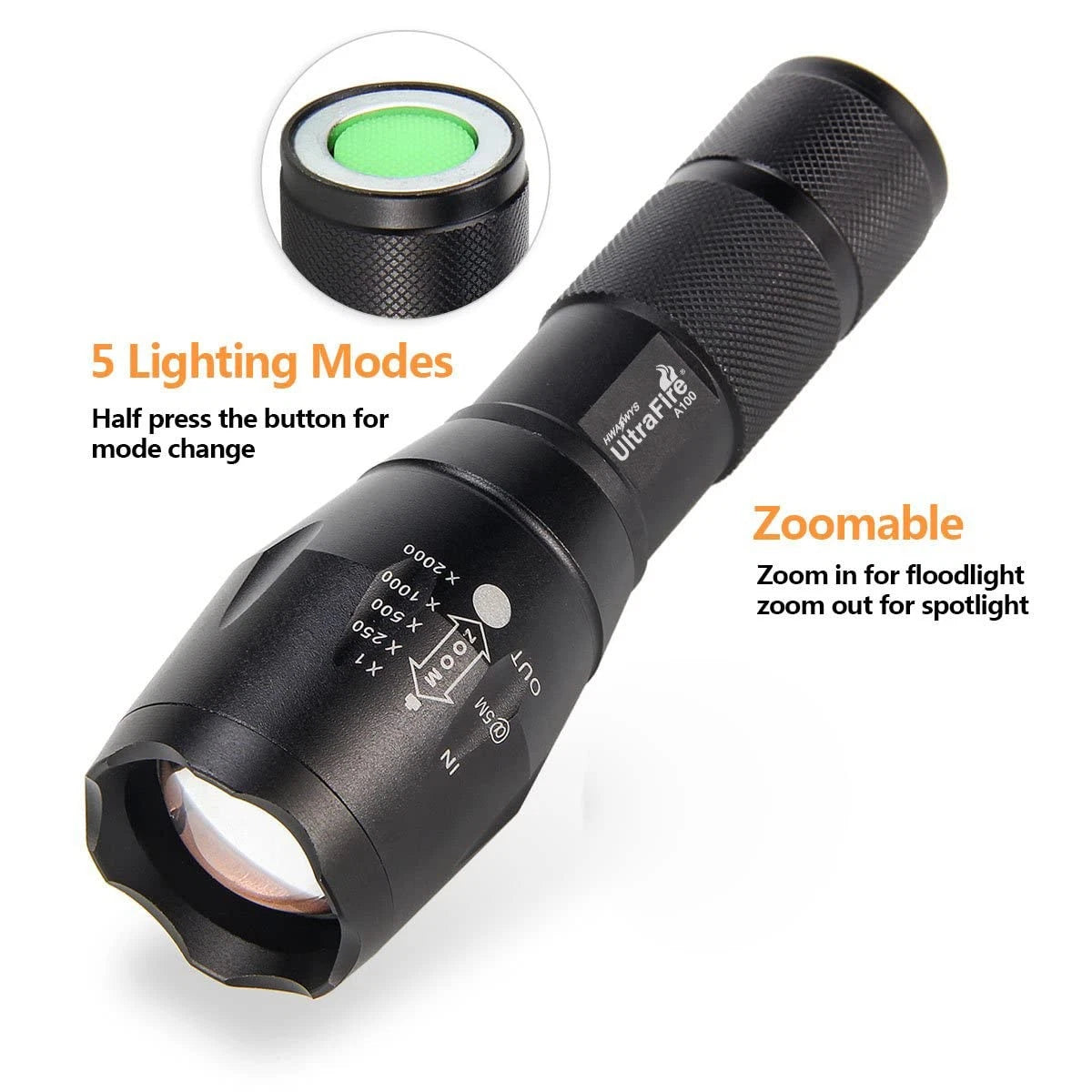 ULTRAFIRE A100 Tactical Flashlight 800 Lumens LED Zoomable Black