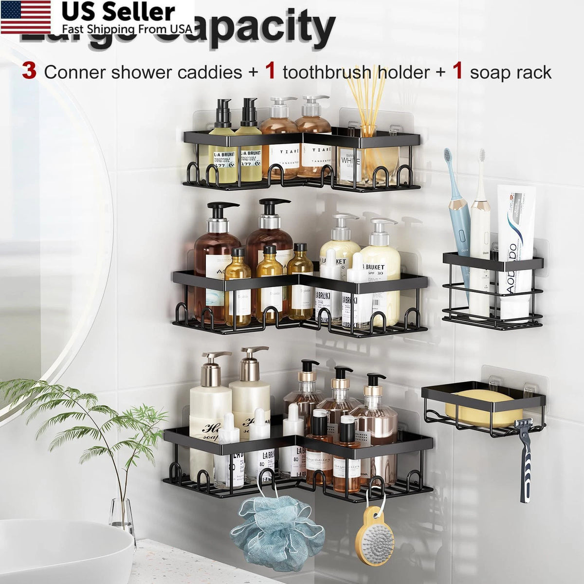 5 Pack Corner Shower Caddy - Rustproof Stainless Steel, Black