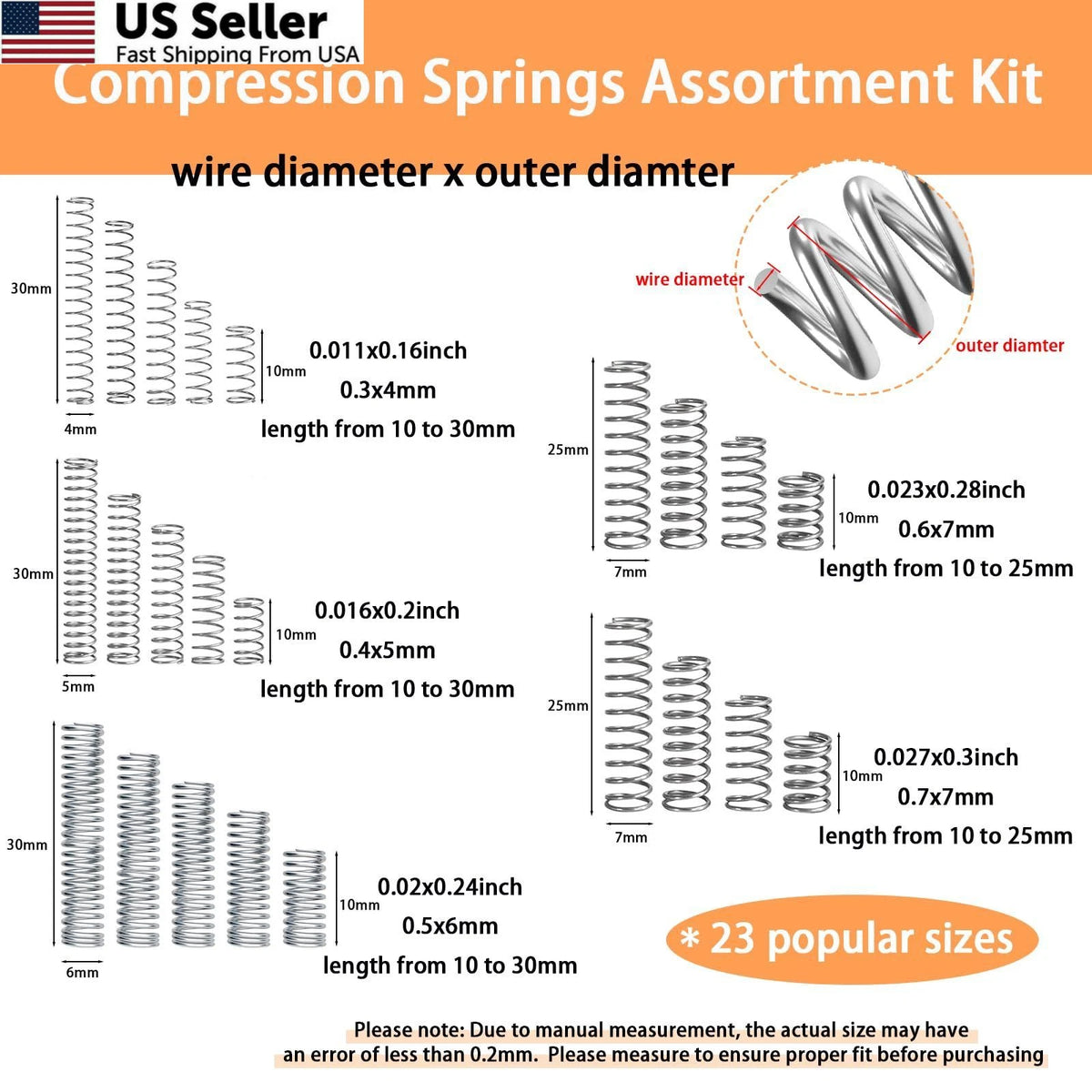 300PCS Compression Springs Assortment Kit (23 Sizes)