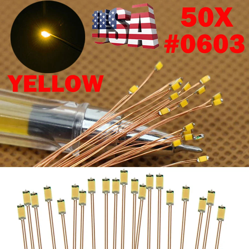 50PC Pre Wired Yellow #0603 SMD LEDs Lighting Kits for Custom Applications